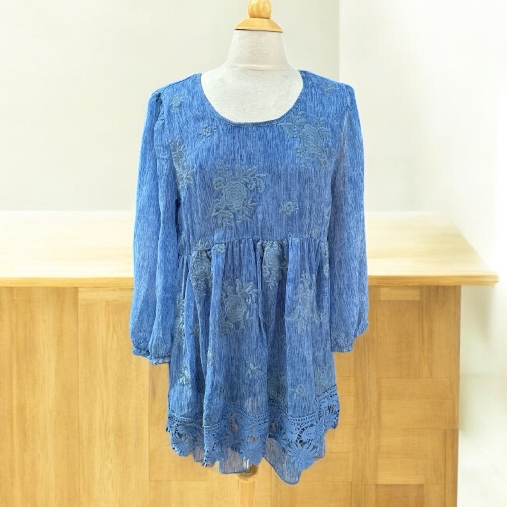 Pretty Angel Blue Embroidered Long Sleeve Tunic